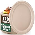 Vabrloy Oval Paper Plates, 120 Pack 12 inch, 100% Compostable, Heavy Duty, Biodegradable Sugarcane Plates for BBQ, Restaurant, Picnic, Party