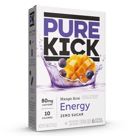 Pure Kick Energy Singles To Go Drink Mix, Variety Pack: Blood Orange, Mango Acai, Black Cherry Pomegranate - 36 Servings