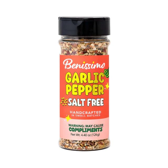 Benissimo Garlic Pepper Salt-Free Seasoning, Flake & Granule Blend for Steaks, Beef, Wild Game, Marinades & Roasted Vegetables with Pet Shaker | 8.5