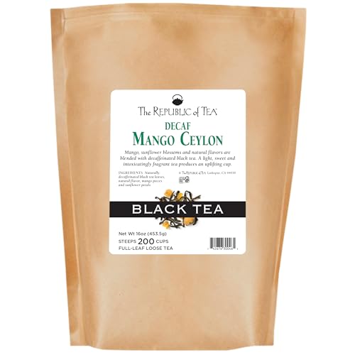 The Republic of Tea Decaf Mango Ceylon Black Full-Leaf Loose Tea 1 lb Bulk Bag | Steeps 200 Cups
