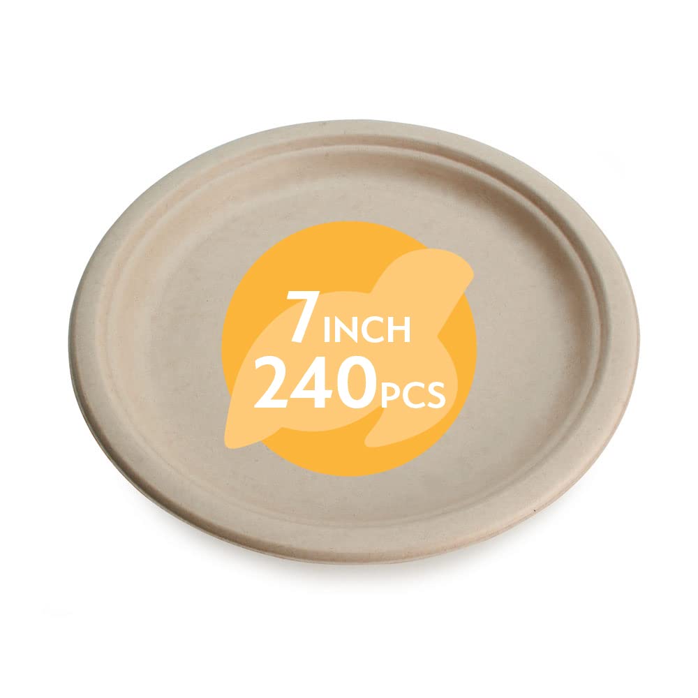 100% Compostable Disposable Paper Plates Bulk [7" 240 Pack], Bamboo Plates, Eco Friendly, Biodegradable, Sturdy Small Dessert Party Plates