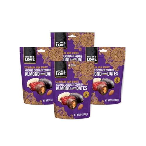 Kitchen & Love Assorted Chocolate Covered Almond Stuffed Dates in a Convenient Resealable Pouch, 8 Individually Wrapped Pieces, Healthy Snack, 3.5 oz