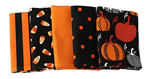 5 Fat Quarters - Halloween Bundle Pumpkins Stripes Solids Candy Corn Polka Dot Quality Cotton Fat Quarter Bundle M223.19