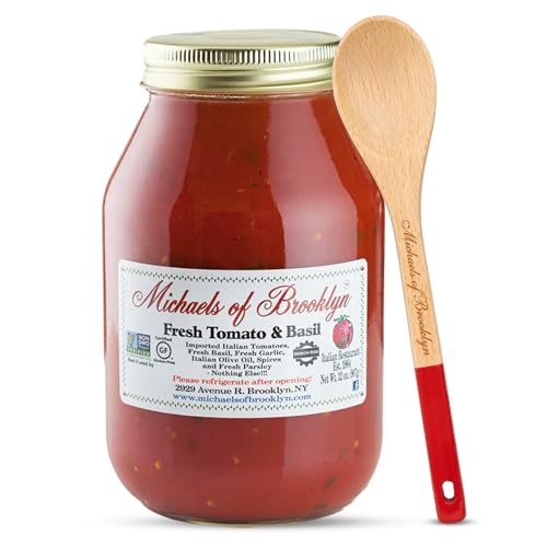 Michael's of Brooklyn Fresh Tomato & Basil Sauce, 32 oz Jar with Spoon - Gourmet Italian Pasta Sauce with Imported Italian Tomatoes, Olive Oil, Garlic