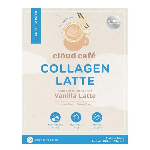 Clöud Café Collagen Infused Vanilla Latte Instant Coffee Packets - Promotes Skin Firmness, Hydration & Elasticity and Hair & Nail Health - Single