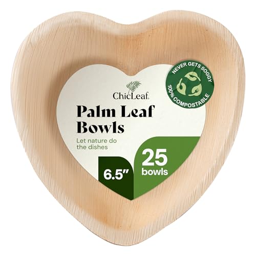 Chic Leaf Palm Leaf Bowls - Mini Disposable Heart Shaped Bamboo Style Plates - Paper Plates Alternative for Weddings & Parties - Compostable, Bridal