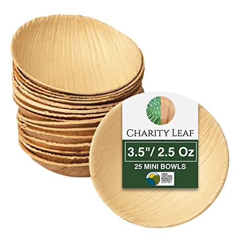 Charity Leaf Disposable Palm Leaf 3.5" Round Mini Bowl (25 pcs) Dipping Bowls | Bamboo Like| All Natural and Biodegradable | Charcuterie Boards, BBQs