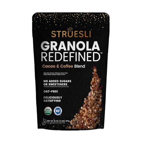 Struesli Cacao & Coffee Organic Granola, Grain & Gluten Free, Healthy Snacks with Cacao, Coffee, Tiger Nuts, Pecans, Walnuts, Hemp Hearts & Coconut