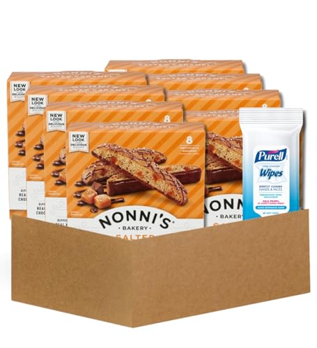 8x Nonnis Biscotti Salted Caramel 6.72 OZ Bundle with Hand Sanitizing Wipes - Crunchy Italian Biscotti with Caramel Flavor Plus Convenient Wipes