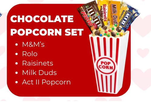 Movie Night Popcorn and Candy Gift Basket - Plus 13.5 Inch Plush Teddy Bear Custom T-Shirt - Perfect for a Cozy and Fun Evening at Home or the Theater