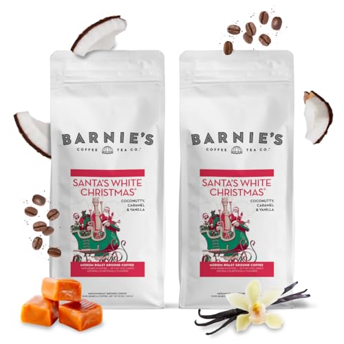 Barnie's Coffee Santa's White Christmas Ground Coffee with Coconut, Caramel, and Warm Vanilla Flavors, Medium Roasted Arabica Coffee Beans, 12 oz Bag