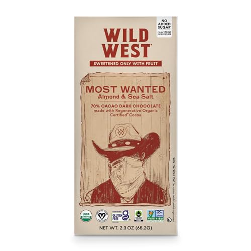Wild West Chocolate, Most Wanted, 70% Cacao Dark Chocolate with Almonds & Sea Salt, 1 Count, 2.3oz each