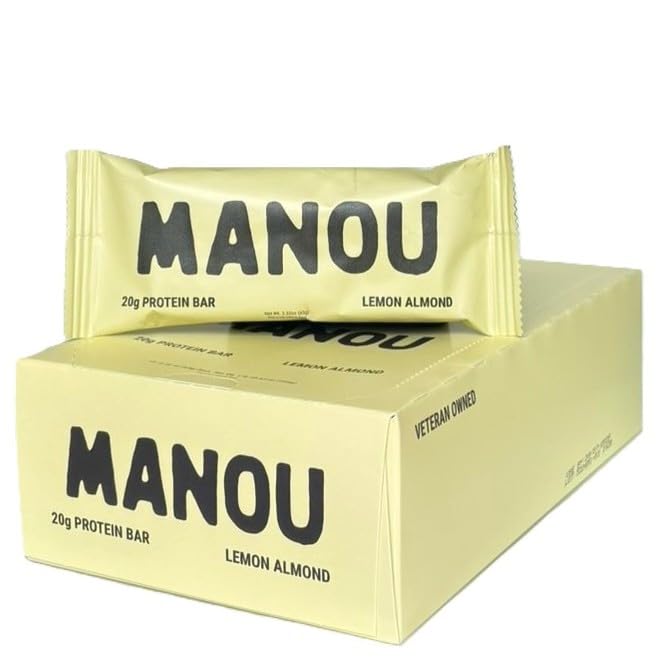 MANOU All Natural High Protein Bar, 20g Protein, 10g Prebiotic Fiber, No Added Sugar, Nothing Artificial (12 Count, Lemon Almond)
