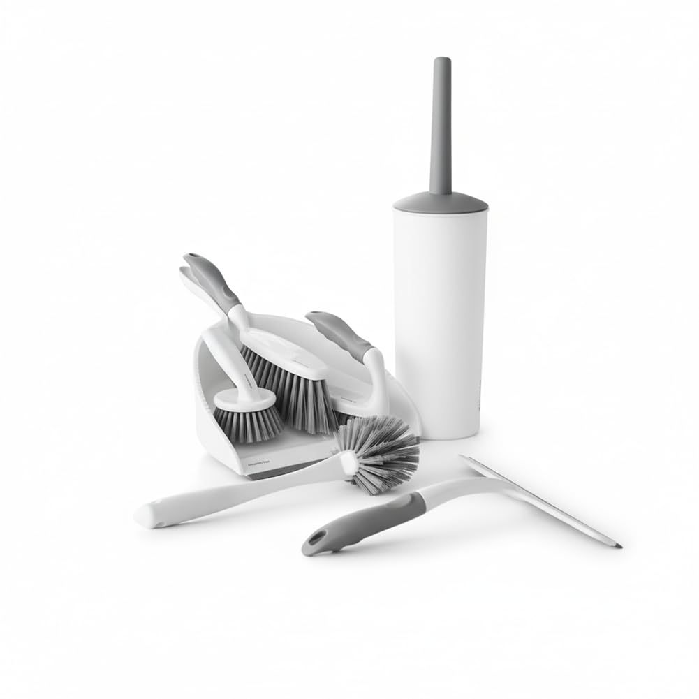 OVENTE Multipurpose Household Cleaning Kit, Deep Cleaning Brush Set with Wiper & Dustpan, Ergonomic Handle & Stiff Bristles, Ideal for Cleaning