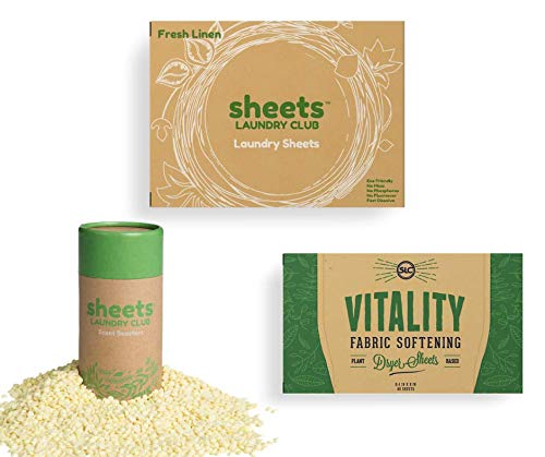 Sheets Laundry Club Bundle - 50 Pack (up to 100 loads) Fresh Linen Detergent Sheets, 40 Pack Vitality Dryer Sheets & 8 Oz. Uncharted Waters Scent