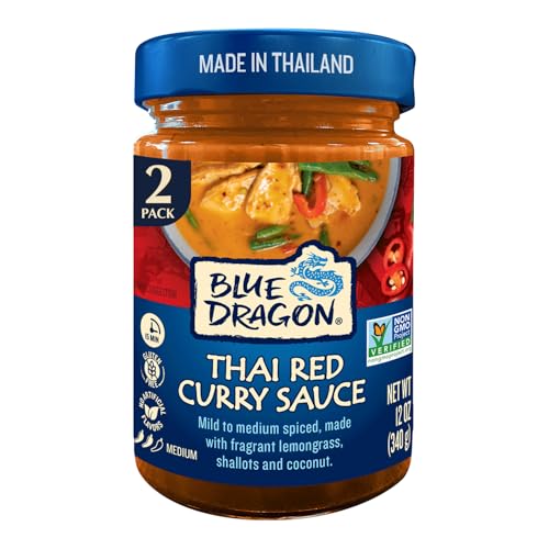 Blue Dragon Thai Red Curry Sauce - 12oz Jar (Pack of 2) - Mild/Medium Spiced Red Curry Simmer Sauce made w/Lemongrass, Shallots & Coconut Pulp