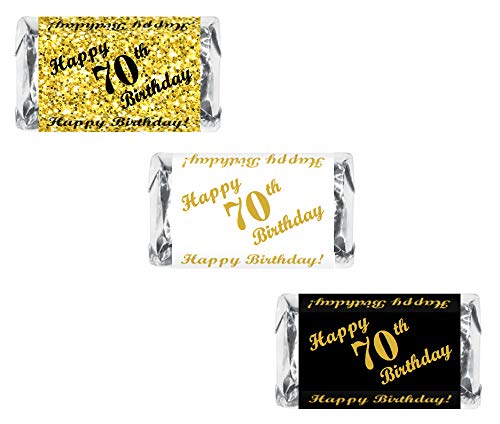 70th Birthday Miniatures Candy Bar Wrapper, (Set of 60) Mini Candy Bar Stickers; 3 Designs: 24 Gold, 24 Black, 12 White. Candy not Included. Made in