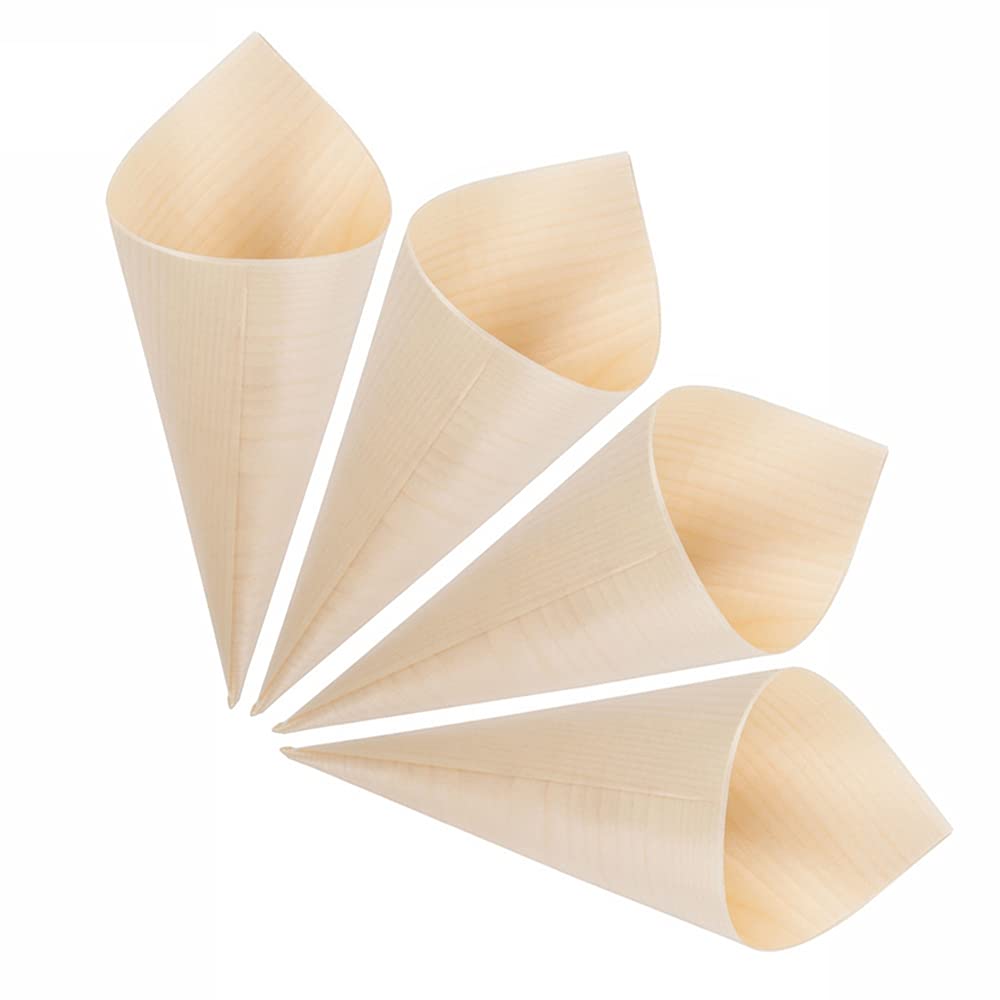 Gere Disposable Wood Charcuterie Cones Plates, Large 7.1 inches Tall x 2.75 inches Dia - 100 Pieces, for Appetizers, Charcuterie, Parties, Catering