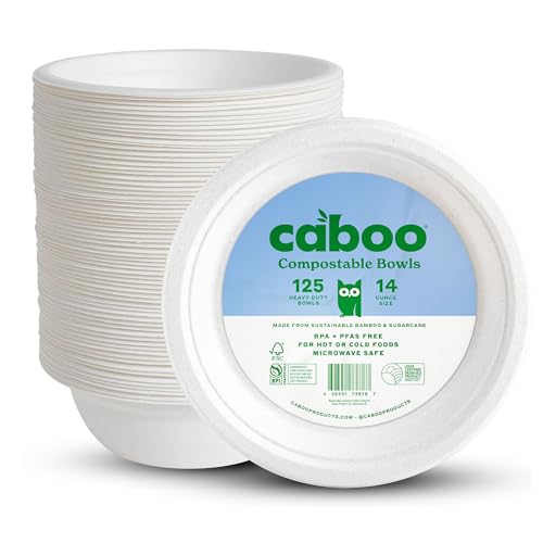 Caboo Disposable Bamboo Paper Bowls, 125 Pack of 14 Ounce Sturdy Biodegradable Bowls, Compostable Bowl, Microwave Safe Party Bowl, Eco Friendly