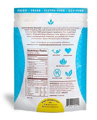 Sustainable Snacks - Plant Based - Vegan, Paleo, Gluten Free, Soy Free and Non GMO for healthy snacking with Fruit, Nuts and 80% Dark Chocolate - No