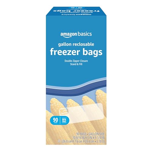 Amazon Basics Reclosable Freezer Gallon Size Bags with Double Zipper Seal, Stand-Up Bottom, BPA Free, 90 Count (Previously Solimo)