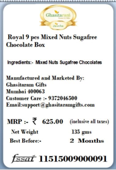 Ghasitaram Gifts Diwali Gifts Diwali Sugafree Chocolates Royal 9 pcs Mixed Nuts Sugafree Chocolate Box