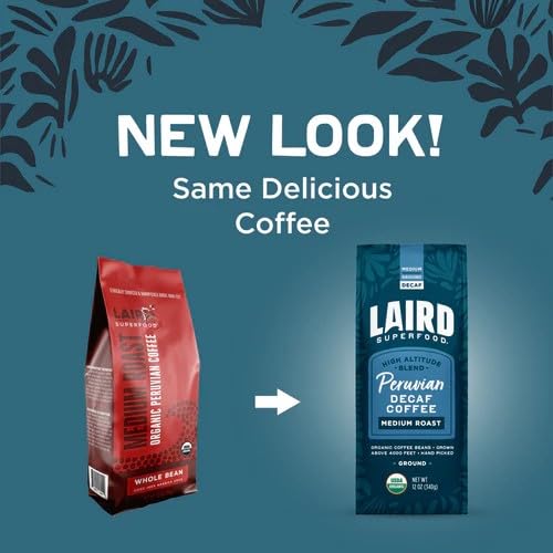Laird Superfood Peruvian Medium Roast Decaffeinated Ground Coffee, Chemical-Free Decaf Swiss Water Processed Ground Coffee, Gluten-Free, Dairy-Free