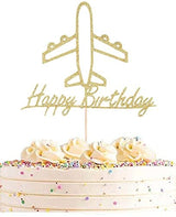 AHAORAY Airplane Cake Topper - Gold Glitter Cardboard Happy Birthday Airplane Themed Party Cake Decoration Supply - New Baby for Photo Booth Prop