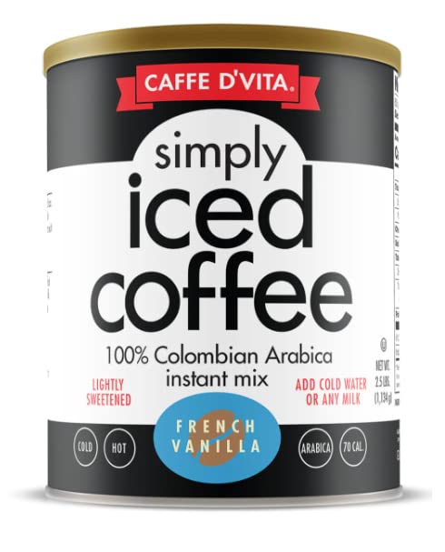 Caffe D'Vita Simply Iced Coffee French Vanilla - 100% Colombian Arabica Instant Mix, French Vanilla Instant Coffee, Low Calorie Iced Coffee, Lightly
