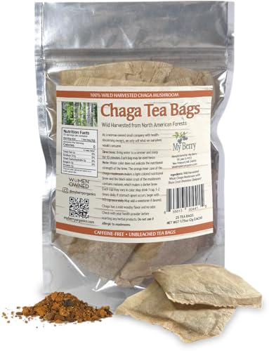 Chaga Tea Bags by My Berry | 100% Canadian Wild-Harvested- NEVER Siberian | 100% Additive-Free Caffeine-Free Herbal Tea | 25 Bleach-Free Bags
