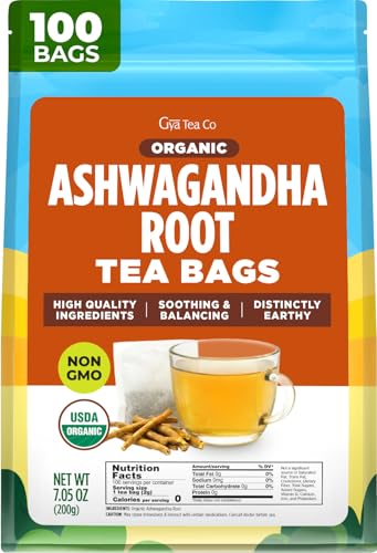 Gya Tea Co Organic Ashwagandha Root Tea Bags (100 Bags) - Caffeine-Free Herbal Tea With Adaptogens for Calm & Wellness - Promotes Relaxation, Pure