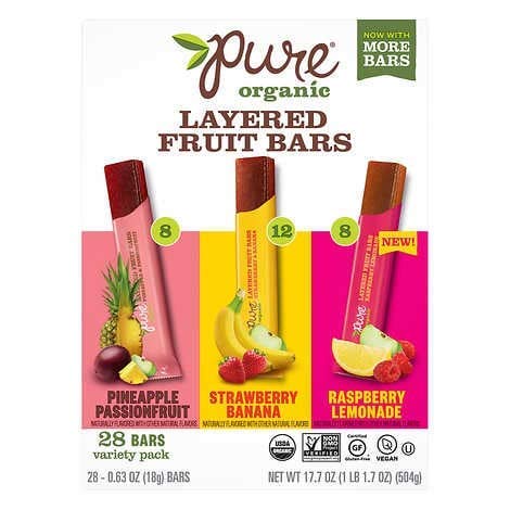 Gourmet Kitchn Pure Organic Layered Fruit Bars Variety |4 Pack, 28 Bars Each | 3 Different Flavors: Raspberry Lemonade, Strawberry Banana, Pineapple