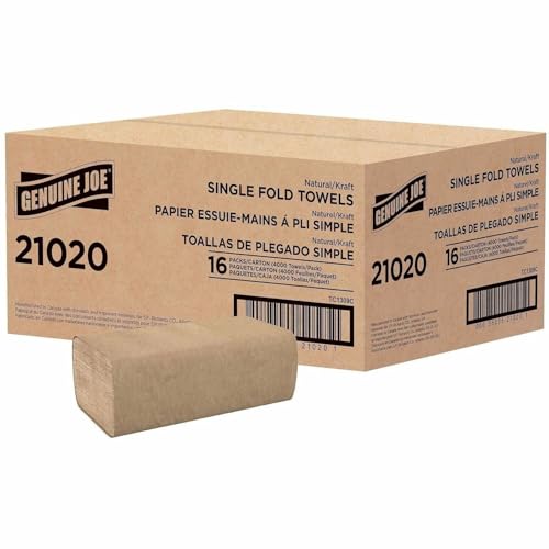 Genuine Joe Singlefold Paper Towels, 10.25" x 9.1", 1-Ply, Kraft, 250/Pack, 16 Count
