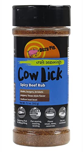 Dizzy Pig Cow Lick Texas-Style Spicy Beef Seasoning Rub (8oz Shaker) - Seasons 30+lbs of Food - Hand Made in the USA - MSG Free, Gluten Free