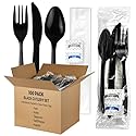 KitchenDine 100 Pack Medium Weight Wrapped Black Plastic Cutlery Pack with Napkin and Salt/Pepper Packets (Black)