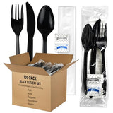 KitchenDine 100 Pack Medium Weight Wrapped Black Plastic Cutlery Pack with Napkin and Salt/Pepper Packets (Black)