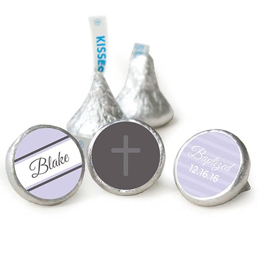 Personalized Purple Baptism Stickers for Kisses Favors (108 Count)