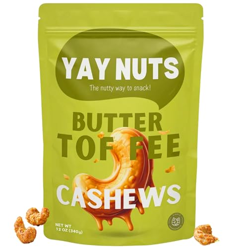 YAY NUTS Butter Toffee Cashews - All-Natural Sweet & Salty Snack, Crunchy Roasted Cashews Coated in Rich Caramelized Butter Toffee, Made in USA