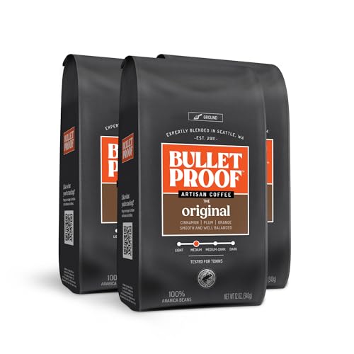Bulletproof Original Medium Roast Ground Coffee, 100% Arabica Coffee, Tested for Toxins, Clean Coffee Sustainably Sourced, 12 Ounces (3 Pack)