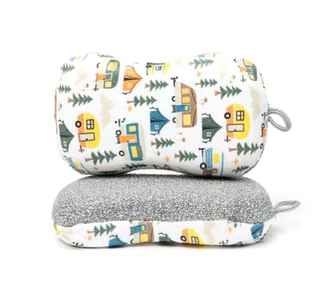 MÜkitchen Premium Microfiber Sponge Set for Dishes and Cleaning, 2 Pack, Printed (Happy Camper)