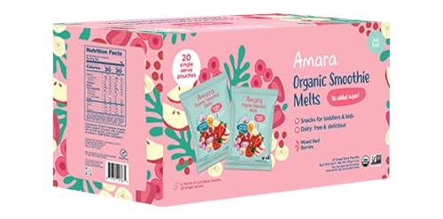 Amara Organic Smoothie Melts, Mixed Berry Flavor, Dairy Free Toddler Snacks, No Added Sugar, 20 Single Serve Pouches, 6g Each