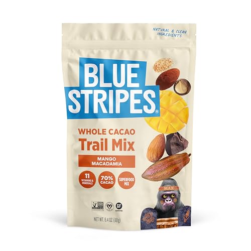 Blue Stripes - Trail Mix, 70% Chocolate Chips, Almonds, Macadamia Nuts, Mango, Healthy Snacks for Adults, Whole 70% Cacao, With Unrefined Sugar, Non