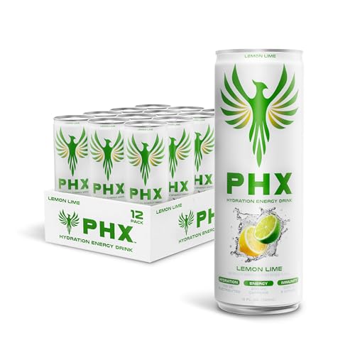PHX Hydration Energy Drink - 700mg Electrolytes, 200mg Natural Green Tea Caffeine, 100% Daily Value 8 Essential Vitamins - 12 oz Cans (12 Pack) (12