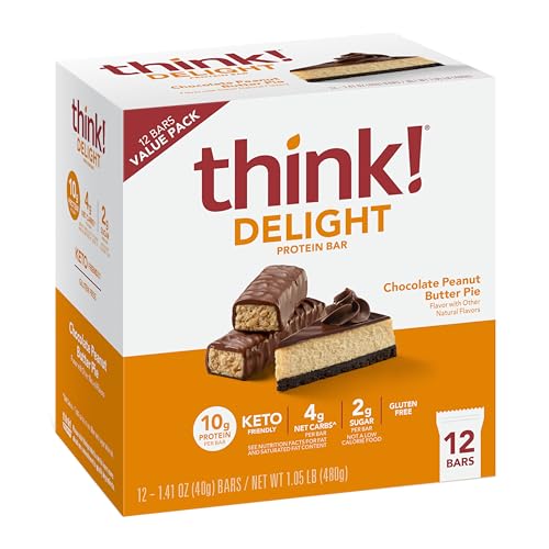 think! Delight Protein Bars, Chocolate Peanut Butter Pie, Low Sugar & Low Carb Gluten-Free Snack, Keto Friendly Snacks, 12 Count (Packaging May Vary)