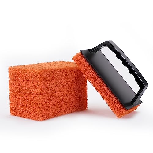Griddle Cleaning Pads for Blackstone Flat Top, Non-Scratch Grill Scrub Pads, Bathroom Scrubbing Pads, Pool Scrub Brush, Shower Tile (5 Pads + Handle)