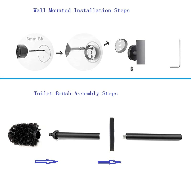 Stainless Steel Toilet Brush with Holder Set with Extra Long Handle Durable Bristles Toilet Bowl Brush and Covered Holder for Bathroom Storage (Black
