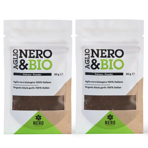 Nero Fermento Organic Black Garlic Powder, 30gr - Produced by Natural Fermentation of “Voghiera Garlic” bulbs. Vegan (Pack of 2)
