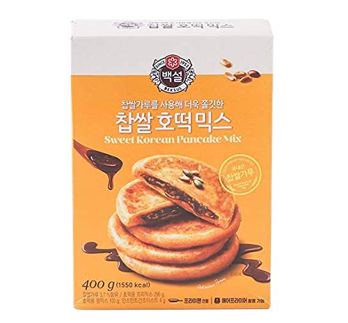 Korean Fancy Hotcake Mix; CJ Beksul Korean Sweet & Green Tea Pancake Mix, Hotteok (14.10 oz, 400g) ; ????? CJ ?? ??, ???? ??; ?? ?? ?? ??? ?? (Sweet, 2 Packs)