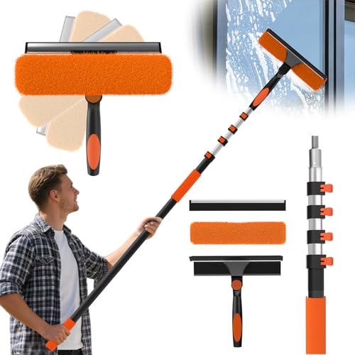 Window Squeegee Kit with Extension Pole, 2-in-1 Professional Washer for High Windows, 3-12FT Adjustable Reach, Rotatable Head for Indoor & Outdoor