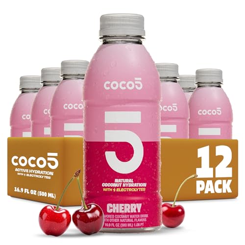 COCO5 Cherry Coconut Water (12 Pack) - Natural Electrolyte Sports Hydration, 50% Less Sugar, Bold Cherry Flavor, Non-GMO, Gluten Free - 16.9 fl oz